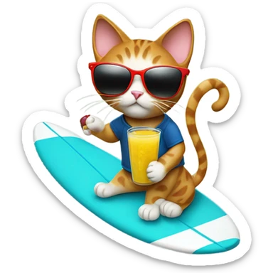 Cat with sunglasses riding a surfboard holding a juice box sticker
