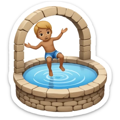 Create a clean emoji-style icon showing a small child falling into a round stone water well. The well must be clearly recognizable: circular stone rim, dark opening. Show the child mid-air, tilted downward above the well with simple motion lines. sticker