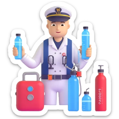 Oceanologist sailor from Vladivostok with scientific instruments, CTD sensor, water sampling bottles, and marine life sticker