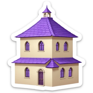 single tall seclusion tower with one large windows above, a purple roof and cream walls, and no entrance sticker