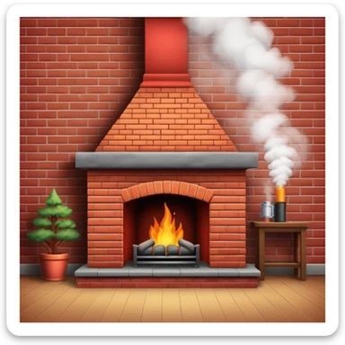 cozy red brick fireplace with a tall chimney and smoke rising from the chimney sticker