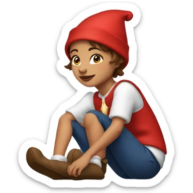 Girl with  brown short hair in red elf hat in a sitting knees up holding her knees  sticker