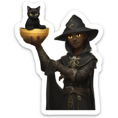 A pale sun warlock who is holding a black kitten sticker
