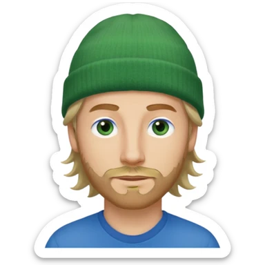 white man, mid thirties, blue eyes, mid length wavy hair, green beanie hat, stubble, face only sticker