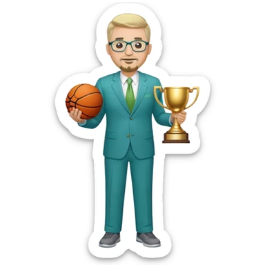 Full Body white male plus size wearing glasses with a goatee with light blonde and gray very short hair happy basketball head Coach in blue and green suit holding trophy sticker