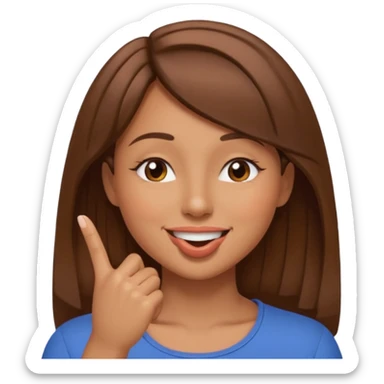 una mujer con un dedo en boca sonriendo y lps ojos en forma medio cerrados creando una curva de sonrisa pelo castaño sticker