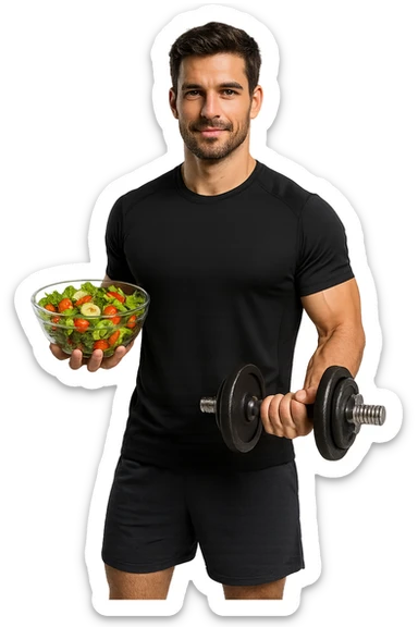 uomo fitness che fa ha un insalata nella mano destra e un manubrio da palestra nella mano sinistra sticker