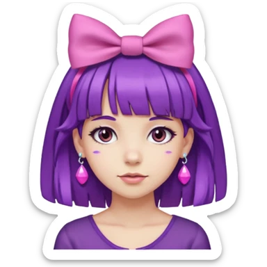 girl with bangs and purple hair and pink hairbow on the side of head and earrings sticker