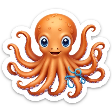 Cinematic Cute smiling Octopus Portrait Emoji, Head tilted playfully and inquisitively, featuring a rounded, light orange body embellished with playful blue rings, eight adorably curling arms, and big, twinkling eyes full of wonder, Simplified yet irresistibly adorable features, highly detailed, glowing with a warm, inviting underwater glow, high shine, affectionate and lively, stylized with a touch of whimsical cartoon charm, soft glowing outline, capturing the essence of a mischievous yet loving octopus that seems as if it could bob out of the screen into your arms! sticker