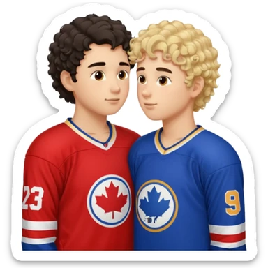Dark hair boy hockey player kissing curly hair blonde hockey player boy sticker