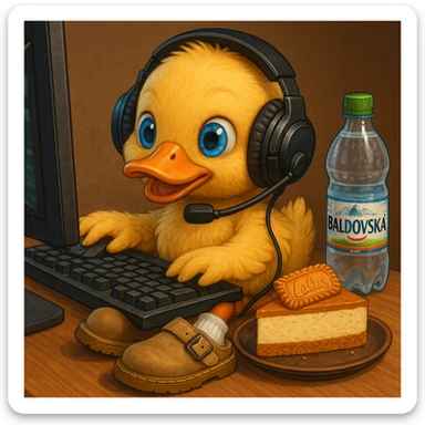 a small duck with blue eyes, playing games on a computer, wearing a headset, white socks, beige Dr. Martens Jorge slippers, drinking Baldovská mineral water, eating a Lotus cheesecake, detailed, vibrant sticker