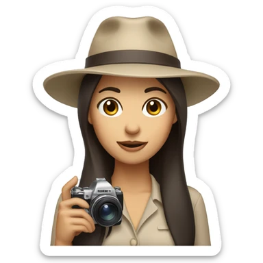 A woman with dark brown hair and a beige hat, winking with one eye and holding camera sticker