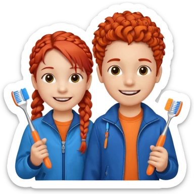 Two children smiling with toothbrushes in their hands. On the left is a girl with braided red hair, wearing a blue jacket and an orange shirt. On the right is a boy with curly black hair, wearing an orange shirt. Both are holding blue toothbrushes and look happy and healthy. sticker