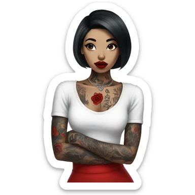 Pale black haired girl with black tattoos on body wearing red lipstick  sticker