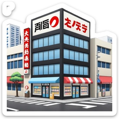 japanese anime store in modern style like in Akihabara with "anime" in japanese on a building sticker