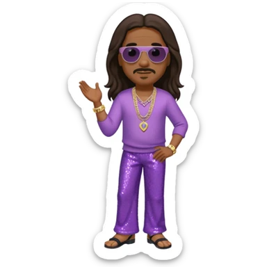 Stevie Wonder with long dark brown hair, lilac sequin baggy pants, shirtless with necklace sticker