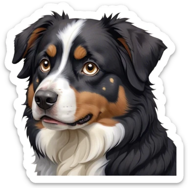 Cinematic Grumpy Black Tri Australian Shepherd Portrait Emoji, Head tilted slightly with a deeply unimpressed expression, thick black fur with bold white and tan markings, large, droopy dark eyes narrowed into an unamused glare, ears drooping in exasperation, Simplified yet comically expressive features, highly detailed, glowing with a dry, sarcastic glow, high shine, effortlessly judgmental yet dignified, stylized with a touch of cynicism, bright but brooding, soft glowing outline, capturing the essence of an eternally unimpressed yet endearing pup, so lifelike it feels like it could sigh heavily at you in disdain at any moment! sticker