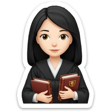white-women-with-long-black -hair-lawyer-in-lawyer’s-robe. Have law book in hand with bookshelf full of law books in the background. sticker