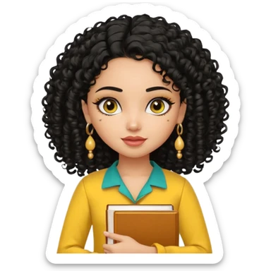 a pretty bratz girl with curly black hair wearing a yellow kurti, eyeliner, jhumkas, carrying books sticker