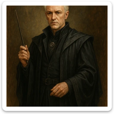 Draco Malfoy, age 37, stylish wizard robes, silver-blond hair, mature, fantasy illustration sticker