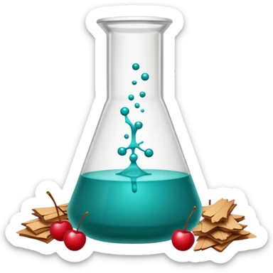 A science beaker filled with teal chemical, cherry slices, paper balls, and wood chips sticker
