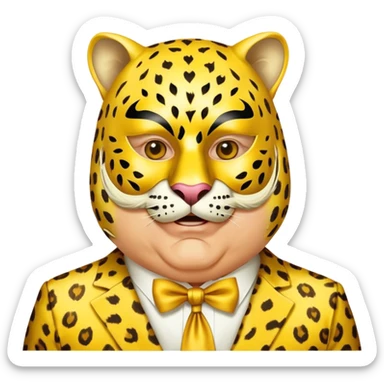 a fat old man, with a yellow suit,  wear half-face golden Leopard masquerade mask sticker