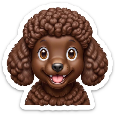 Cinematic Comical Chocolate Poodle Portrait Emoji, Head tilted dramatically with an exaggeratedly amused expression, featuring a glossy, curly chocolate Fur with a bouncy texture, wide, expressive brown eyes filled with playful disbelief, Simplified yet hilariously expressive features, highly detailed, glowing with a slightly sassy glow, high shine, dramatic yet playful, stylized with an air of cheeky mischief, bright and endearing, soft glowing outline, capturing the essence of a spirited and over-the-top companion, so meme-worthy it feels like it could side-eye its way into internet fame instantly! sticker