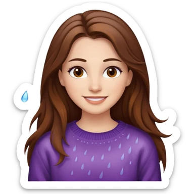 white woman with long brown hair and brown eyes, wearing a sweater, smiling in the rain, with makeup sticker