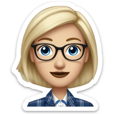 A bald aquiline nosed Caucasian woman with protruding blue eyes that are crossed outward, wearing square plastic eyeglasses, a baseball hat, small hoop earrings, a plaid men's tuxedo with blue plaid overcoat red bowtie and pants sticker