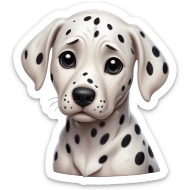 Cinematic Grumpy Dalmatian Portrait Emoji, Head tilted slightly with a deeply unimpressed expression, featuring a glossy white coat with prominent black spots and a furrowed brow, large, droopy dark eyes narrowed into an unamused glare, ears slightly drooping in exasperation, Simplified yet comically expressive features, highly detailed, glowing with a dry, sarcastic glow, high shine, effortlessly judgmental yet dignified, stylized with a touch of cynicism, bright but brooding, soft glowing outline, capturing the essence of an eternally unimpressed yet endearing companion, so lifelike it feels like it could sigh heavily at you in disdain at any moment! sticker