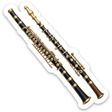 Create a detailed and elegant emoji depicting an oboe. The design should include a thin cylindrical black oboe body with intricate keys visible along its entire length. A small cane, typical for this instrument, should be visible in the upper part. Use rich wood tones with silver or brass inserts on the keys to emphasize the high quality of oboe performance. Add subtle musical notes surrounding the instrument to emphasize its expressive, melodic sound. The background should be transparent. sticker