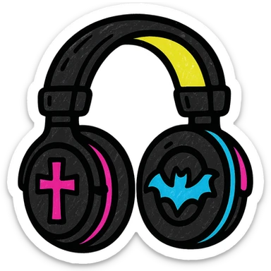 black gothic headphones with vibrant neon gothic accents and bold outlines sticker