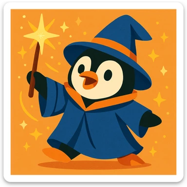 a cute penguin wizard casting a spell, wearing a robe and holding a wand, magical sparkles around, fun and whimsical style sticker