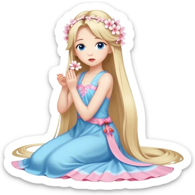 Girl with long blond hair and sakura accessories on her hair with a long tailed dress on the ground and have blue eyes beautiful finish and she sending lovely kisses  sticker