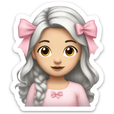 Long black hair  white girl with cute baby pink swetear and bow in her  hair with brown eyes and pretty face  sticker