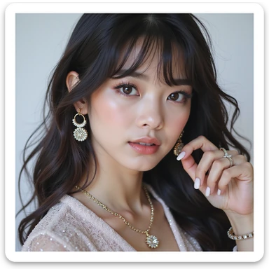realistic portrait of a K-pop idol inspired by Blackpink, photorealistic style, sparkling accessories, chic fashion, charismatic look sticker