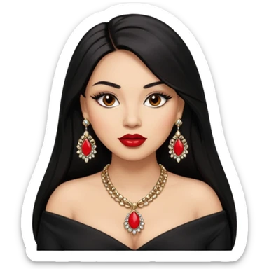 Light skin brown eyes glamorous full figured women black long straight hair red lips necklace and earrings long lashes sticker