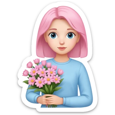 girl wearing pastel blue clothes holding a bouquet of pink flowers sticker