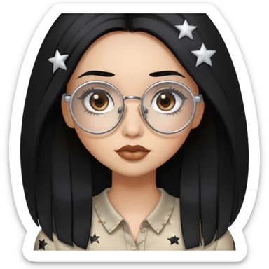 A girl with long, straight black hair, wearing round silver glasses, her lips are a bit big, her eyes are brown, and she is wearing a blouse with white stars on it sticker