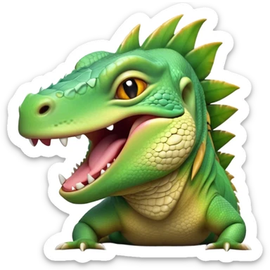 Cinematic Realistic Cute Yawning Iguana Portrait Emoji, Head tilted slightly with a dramatic, wide-open yawn, showcasing a soft, textured green-scaled face with gently drooping features and half-closed, drowsy amber eyes, rendered with natural detail and subtle shadows, high shine, relaxed yet expressive, styled with a dash of tropical charm, soft glowing outline, capturing the essence of a sleepy yet affectionate iguana that appears ready to stretch out and enjoy a peaceful nap! sticker