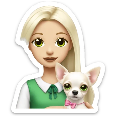 pale blond girl with long platinum hair with green eyes holding a white chihuahua puppy that wearing a pink bow sticker