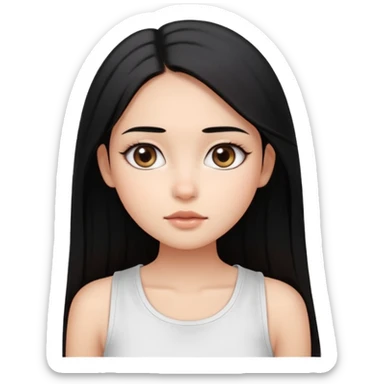 Smooth skin, soft shading, large expressive eyes, natural makeup. 
Long straight black hair, center part. 
Minimalistic and cute facial expression. 
White sleeveless top. 
Bright studio lighting, plain white background. 
High resolution, polished, modern, simple aesthetic. sticker