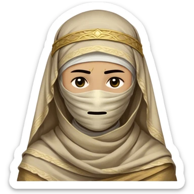 Regal and timeless, fully wrapped in meticulously aged bandages, even its face veiled in layers of ancient cloth with only faint glimpses of deep, solemn eyes peering through, adorned with faded gold accents, exuding an air of forgotten majesty and solemn duty, highly detailed, softly glowing, evoking the dignified mystery of an eternal guardian watching over lost secrets! sticker