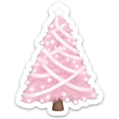 Pastel Pink Christmas tree with pink lights, white ornaments, and white ribbon sticker