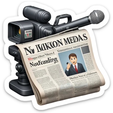 An icon featuring a microphone, a newspaper, a professional camera Nikon D5, representing journalism and mass media. The design includes headlines and imagery, symbolizing the spread of news and information. Transparent background highlights the power of communication and media. sticker