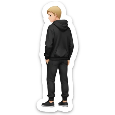 fullbody Mysterious shy caucasian man in black hoodie, hands in pockets and black pants rear backview sticker