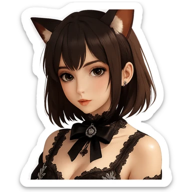 Add gothic accessories such as a black lace choker, velvet ribbon, and ornate brooch to the sexy realistic anime girl with cat ears in a photorealistic style. Keep the background transparent. sticker
