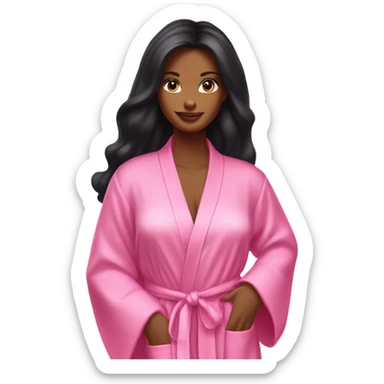 Tanned woman with long black hair wearing a silk pink Victoria’s Secret robe sticker