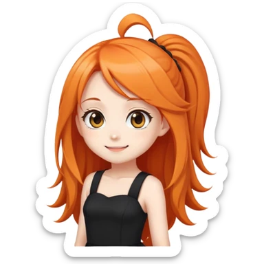 Chibi anime girl with long orange hair, tight black dress, cute smile, big eyes, emoji style sticker