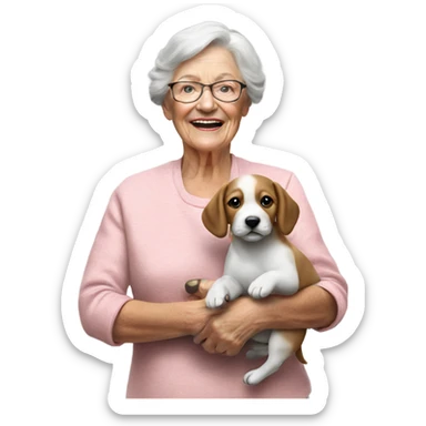 Create a 3d hyper realistic photo of a senior woman holding a puppy  sticker